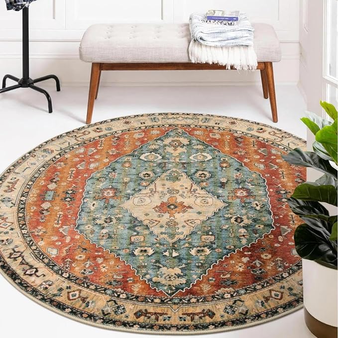 Lahome Felice Boho Tribal Round Rugs 6ft Washable Living Room Area Rug, Soft Bedroom Circle Rug, Oriental Large Indoor Floor Dining Room Carpet for Entryway Nursery (Rust/Dull Teal,6ft-Round)