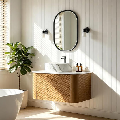 24 Inch Modern Bathroom Vanity with Ceramic Sink, Floating Bathroom Vanity Cabinet with Sintered Stone Top&Solid Wood Hammered Frame, Single Sink Bathroom Vanities w/Soft-Close Drawers,Natural
