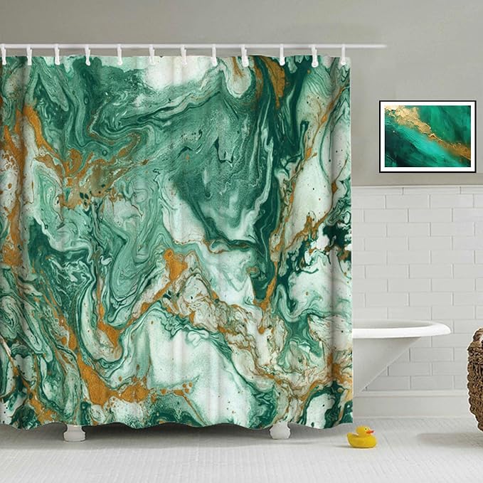 Emerald Green Marble Shower Curtain Modern Abstract Dark Green Gold Shower Curtains for Bathroom Waterproof Polyester Fabric Bath Curtain 72 x 72 Inch with 12 Hooks