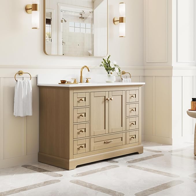WELLFOR 48" Bathroom Vanity with Sink, Bathroom Freestanding Vanity W/ 2 Soft-Close Doors and 9 Soft-Close Drawers, Bathroom Cabinet Vanity with Cultured Marble Countertop (Oak)