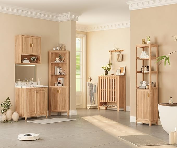 Bathroom Wall Storage Cabinet, Medicine Cabinet with Adjustable Wood Shelf & Doors, Over The Toilet Storage Cabinet for Laundry Room & Living Room Kitchen Storage Islands (Natural Oak)