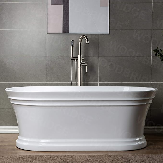 Woodbridge F0001BNRD Contemporary Single Handle Floor Mount Freestanding Tub Filler Faucet with Hand Shower in Brushed Nickel Finish