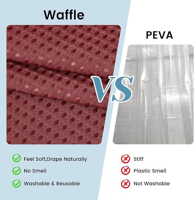 SORTTO No Hook Shower Curtain with Snap in Liner Set Waffle Shower Curtain for Bathroom Hotel Style Fabric Waterproof Inner Liner，71" W x 74" H, Burgundy