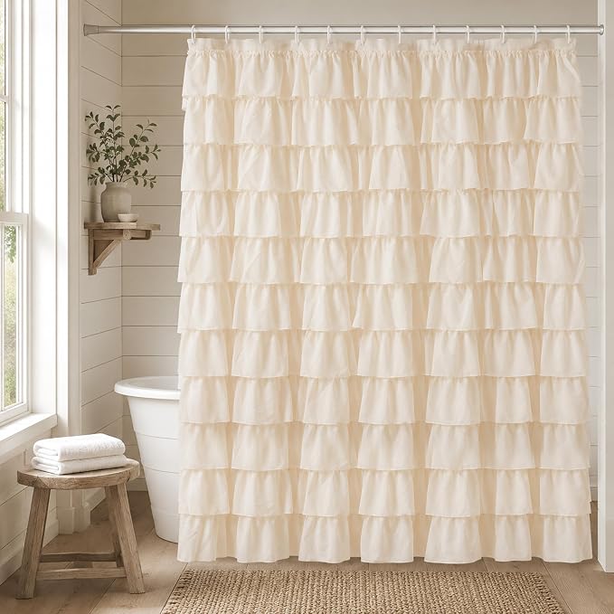 Beige Ruffle Shower Curtain for Bathroom, 72x84 inch, Elegant Ruffled Panel | Ruched Fabric Texture, Cascading Waterfall Ruffles, Extra-Long 72 X 84, 12 Hooks Included, Machine Washable, Opaque Rustic