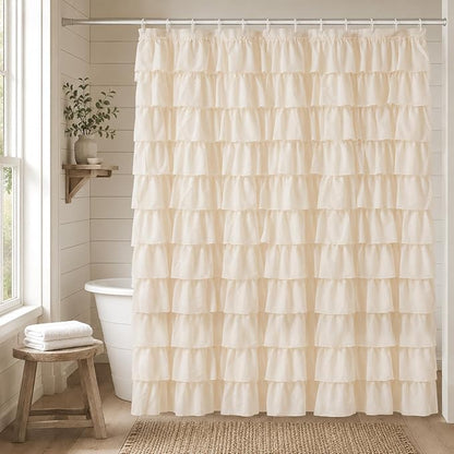 Beige Ruffle Shower Curtain for Bathroom, 72x84 inch, Elegant Ruffled Panel | Ruched Fabric Texture, Cascading Waterfall Ruffles, Extra-Long 72 X 84, 12 Hooks Included, Machine Washable, Opaque Rustic