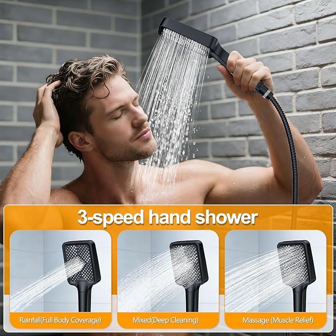 Shower System Modern Rain Brass Faucet Set With Valve and Diverter Shower Mixer With Handheld High Pressure Square Rainfall Shower Valve (12'' Wall Mount, Matte Black)