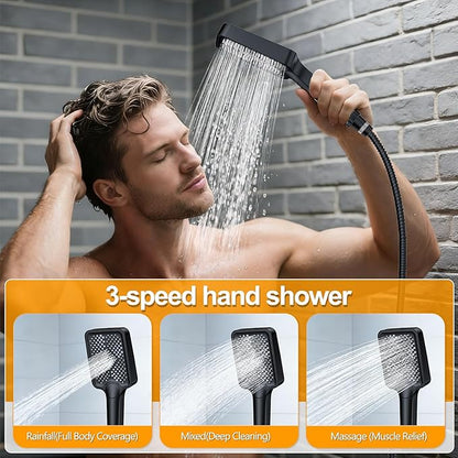 Shower System Modern Rain Brass Faucet Set With Valve and Diverter Shower Mixer With Handheld High Pressure Square Rainfall Shower Valve (12'' Wall Mount, Matte Black)