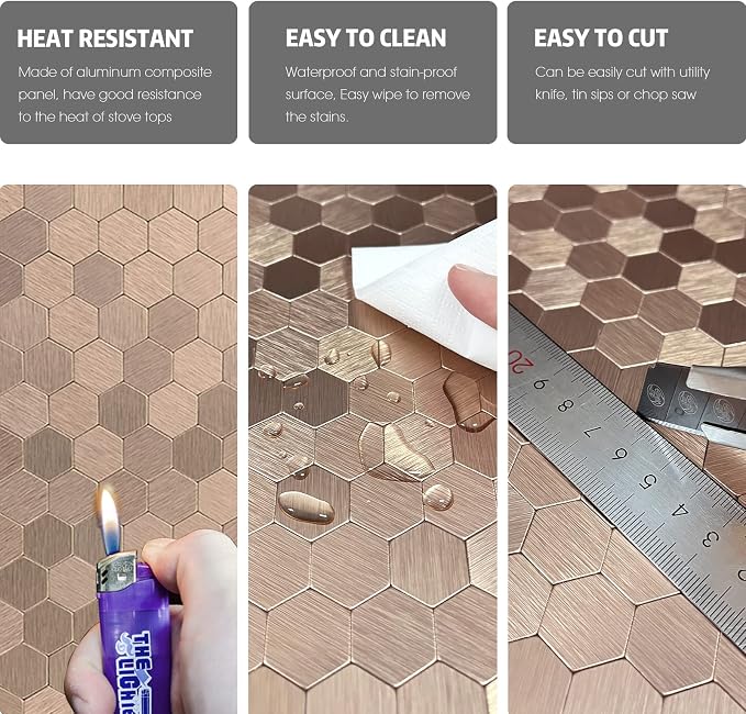 Copper Peel and Stick Backsplash, Self Adhesive Mini Hexagon Backsplash Aluminum Mosaic Tile for Kitchen Bathroom (6 Sheets)