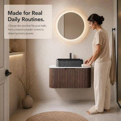 30 Inch Bathroom Vanity with Sink, Floating Wall Mounted Single Sink Vanity, Dark Walnut Curved Fluted Front, Stone Top, Black Textured Rectangular Vessel Basin, Pre-Assembled