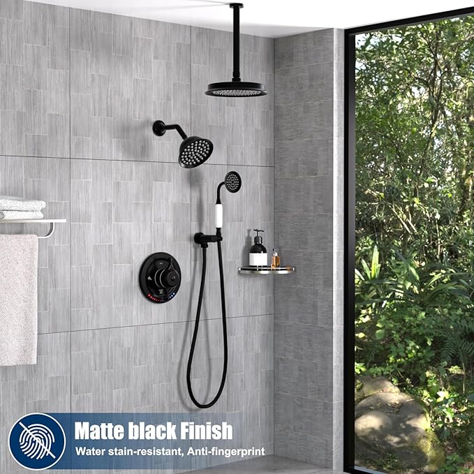 Antique Brass Shower System, 9" & 6" Dual Rain Heads and Handheld Spray Vintage Fixtures, 3-Function Dual Knob Valve with Separate Temperature Control, Matte Black