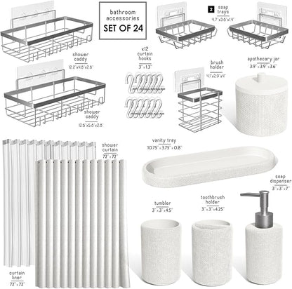 Clara Clark Bathroom Set - White Bathroom Accessories Set, 24PC Bathroom Accessory Set, Bathroom Sets with Shower Curtain Set, Adhesive Corner Shower Caddy Hanging & Soap Dispenser