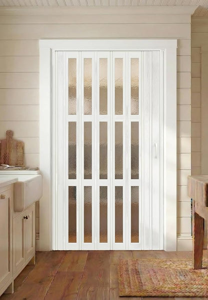 SmartStandard 42" x 80" Accordion Doors with Frosted Acrylic Glass, White | Save Space, Full-Side Magnetic Strip, Double-Layer PVC Accordion Doors Interior for Doorway Closet, Easy to Assemble