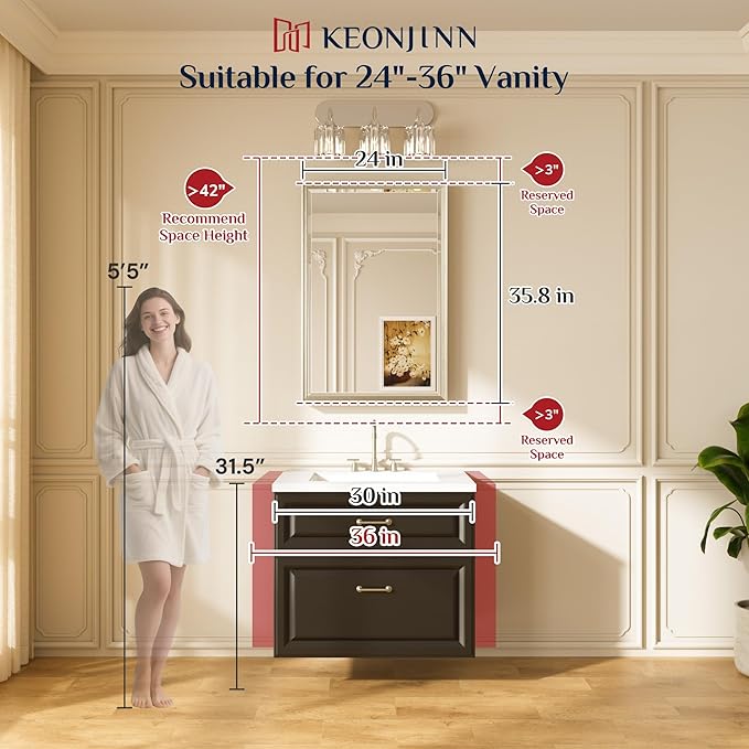 Keonjinn 24" x 36" Black Framed Bathroom Mirrors, Aluminum Alloy Frame | Tempered Glass with Beveled Edge, French Cleat, Lightweight, Rectangular Wall Mirror for Over Sink, Hallway, Entryway Decor