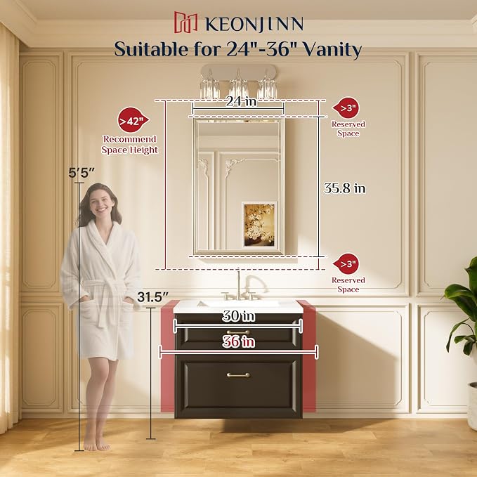 Keonjinn Brushed Gold Bathroom Mirror 24" x 36", Safe HD Tempered Glass | Aluminum Alloy Frame, Rustproof, Effortless French Cleat Installation, Transitional Style, Gold Vanity Mirrors for Over Sink