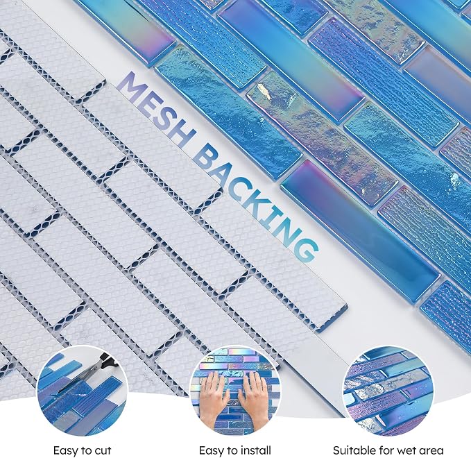 Pool Glass Mosaic Tiles, Iridescent Blue, 1x4 Inch Brick, 5 Sheets | Glass Linear Tile for Swimming Pool, Kitchen Backsplash, Shower, Bathroom Wall, Waterline, Fountain