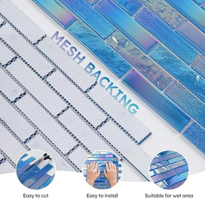 Pool Glass Mosaic Tiles, Iridescent Blue, 1x4 Inch Brick, 5 Sheets | Glass Linear Tile for Swimming Pool, Kitchen Backsplash, Shower, Bathroom Wall, Waterline, Fountain