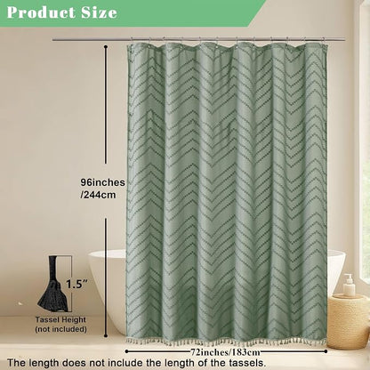 Extra Long Sage Green Boho Shower Curtain, Chic Tufted Chevron Striped Textured Cloth Fabric Shower Curtains with Tassel for Bathroom, Soft Hotel Style Farmhouse, Machine Washable, 72x96