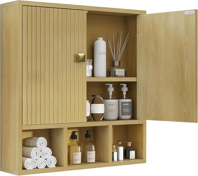 Bathroom Wall Cabinet,Wooden Medicine Cabinet with Fluted Doors Over The Toilet Storage Cabinet with Adjustable Shelf for Bathroom,Wood