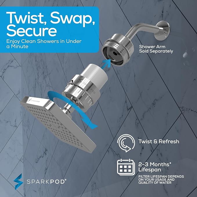 SparkPod Filtered Shower Head, 23-Stage, 6" Square, Polished Chrome | Showerhead for Hard Water, High Pressure, Reduces Chlorine, Heavy Metals, For Dry Skin & Hair, Removable Capsule Filter