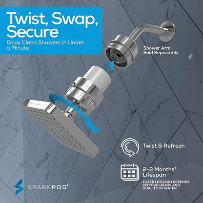 SparkPod Filtered Shower Head, 23-Stage, 6" Square, Polished Chrome | Showerhead for Hard Water, High Pressure, Reduces Chlorine, Heavy Metals, For Dry Skin & Hair, Removable Capsule Filter