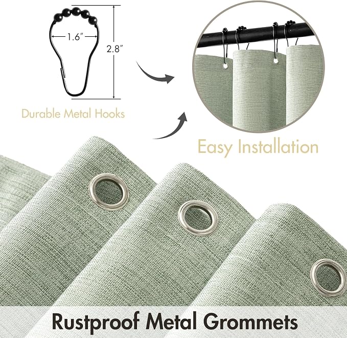 MIULEE Stall Spring Linen Shower Curtain Sage Green W36*L72 6 Metal Hooks | Small, Heavy Duty, Fabric Curtain Set, Waterproof Narrow Thick Cloth Shower Curtains, Bathroom Hotel, Washable