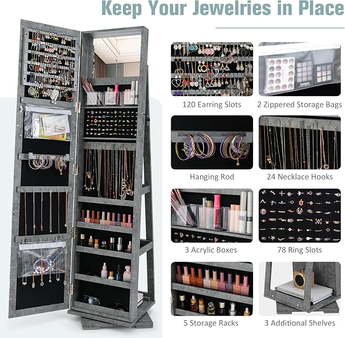 LOKO 360° Rotating Jewelry Armoire, Freestanding Jewelry Cabinet with Inside Makeup Mirror, 2-in-1 Lockable Jewelry Organizer w/Full-Length Mirror for Women (Stone Gray)