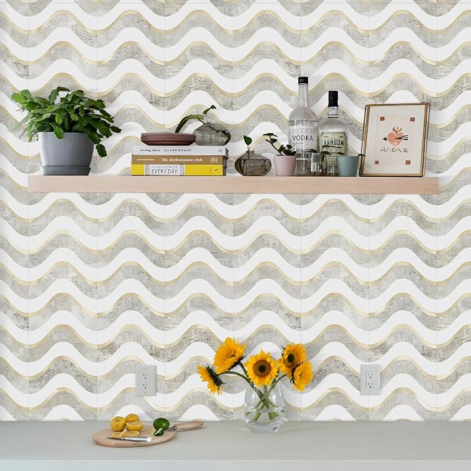 Vamos Tile Peel and Stick Backsplash Seamless Tile,Beige+White+Gold,10 pcs | Stick on Backsplash for Kitchen and Bathroom, PVC Mix Metal Gold Self Adhesive Wall Tiles,11.8''x10.15''