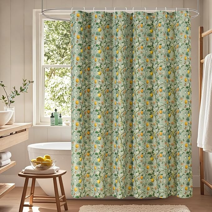 Green Floral Bird Shower Curtain 72x72, Hummingbird and Lemon Botanical Fabric Bath Curtains, Lightweight Quick-Dry Bathroom Decor Set with Hooks, Light Green