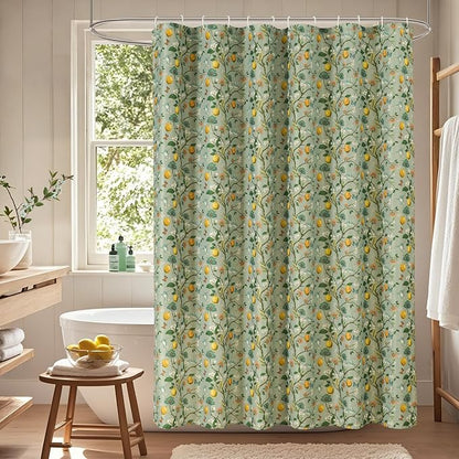 Green Floral Bird Shower Curtain 72x72, Hummingbird and Lemon Botanical Fabric Bath Curtains, Lightweight Quick-Dry Bathroom Decor Set with Hooks, Light Green
