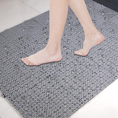 SOUJOY 12 Pieces Modular Interlocking Cushion, 11.6" x 11.6" Rubber Floor Tiles with Holes, Non-Slip Splicing Drainage Mat for Pool Shower Bathroom Kitchen Patio Balcony Yard Pet Area