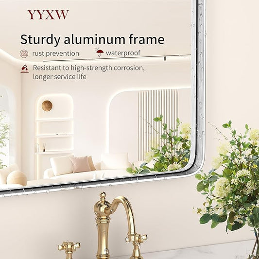 Metal Frame Wall Mount Bathroom Mirror Rectangular Round Mirror, Matte Black Vanity Mirror, Farmhouse Style, Hang Horizontally or Vertically Silver-22 L x 34" W