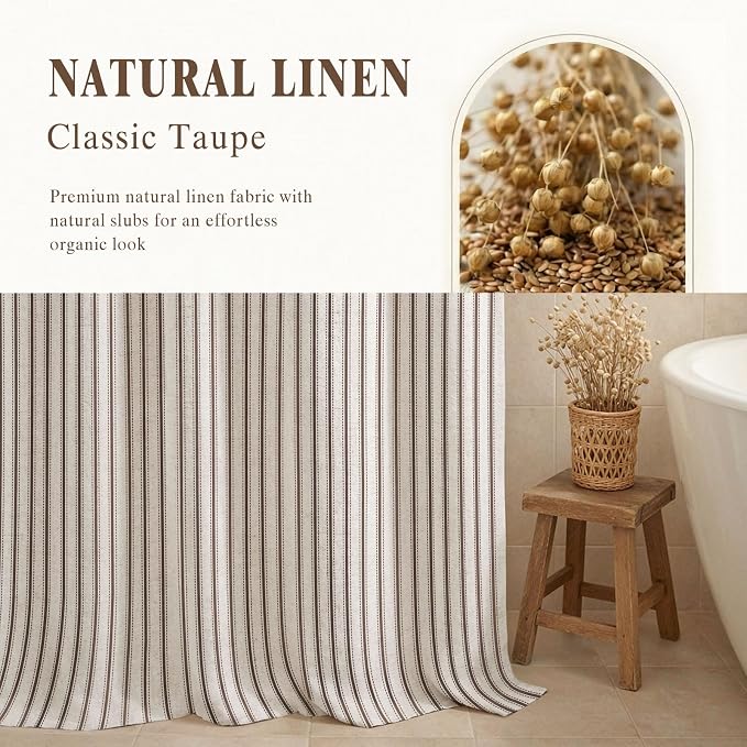 Farmhouse Striped Shower Curtain Brown Vintage Linen Curtain 72"W X 72"L | Striped Shower Curtains with Linen Texture for Bathroom Decor