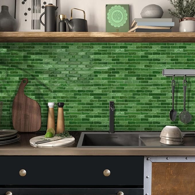 URCOLOR 10-Sheet Kitchen Backsplash Tiles Peel and Stick, 12”×12” Self Adhesive Wall Tile for Bathroom, Jade Green