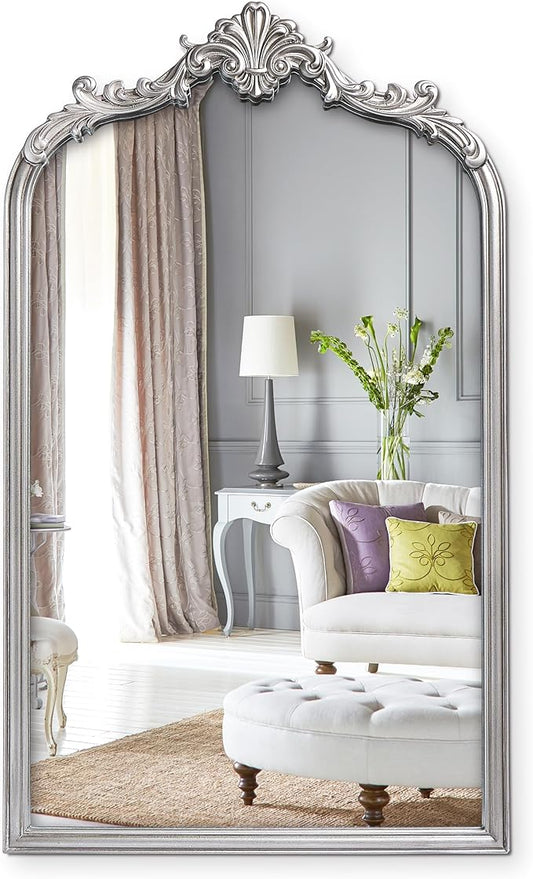 English Estate Carved Arch Wood Wall Mirror, Mirror for Entryway, Living Room, Bathroom, Antique Silver, 20.4x33