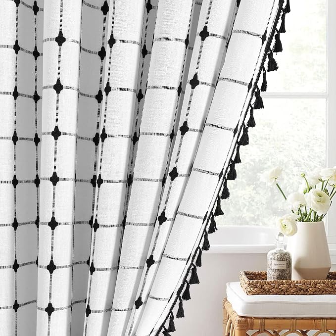MitoVilla White Black Boho Shower Curtains for Modern Farmhouse Bathroom Decor, Ivory Country Thick Polyester Linen Fabric Cloth with Tassel, 72 x 72