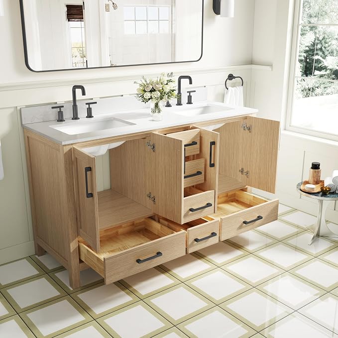 60-Inch Bathroom Vanity with Sink, 4 Soft-Close Doors and 6 Soft-Close Drawers, Bathroom Freestanding Vanity with Cultured Marble Countertop, Oak Vanity with Matte Black Handles