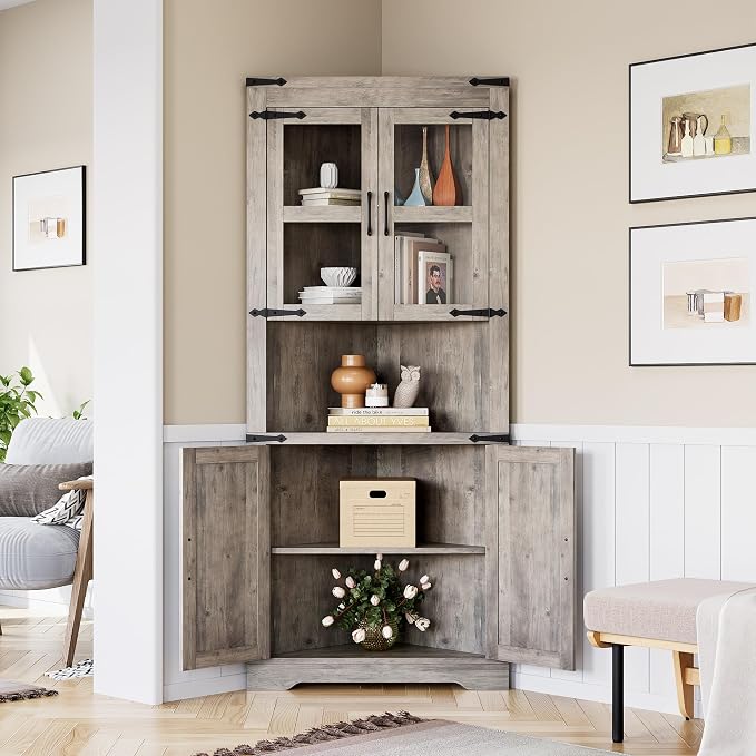 GAOMON Farmhouse Corner Cabinet, Tall Corner Storage Cabinet with Glass Door & Adjustable Shelves, Bathroom Cabinet with Storage for Living Room, Kitchen, Bathroom, Washed Grey