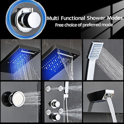 LED 5-in-1 Shower Panel Tower System,Brushed Black | 304 Stainless Steel Shower Panel Tower Column with Powerful Body Jets, Rainfall, Waterfall,Handheld and Tub Spout