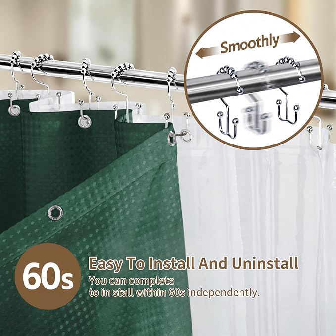 Siiluminisoy Shower Curtain and Liner Set, Waffle Shower Curtain Set with 12 Stainless Steel Hooks, Waterproof Luxury Fabric Shower Curtains for Bathroom and Hotel, Dark Green, 72" W x 84" H