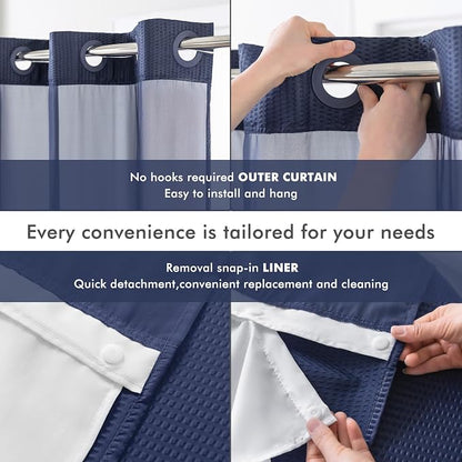 No Hook Navy Shower Curtain with Snap-in Fabric Liner 71x74 | Embossed Waffle-Look Textured, Sheer Window, Soft & Lightweight, Water Repellent Blue Fabric Shower Curtain for Bathroom