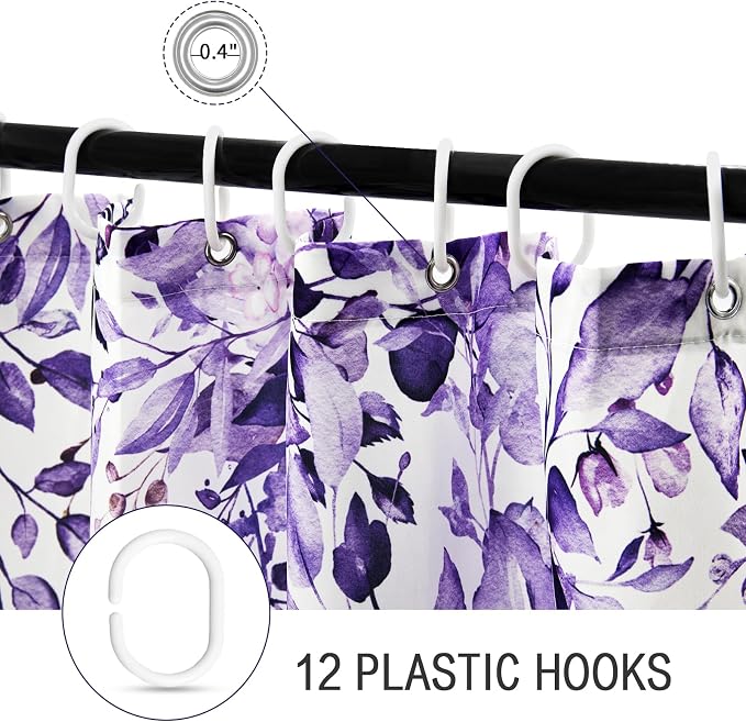 Purple Eucalyptus Shower Curtain, Watercolor Floral Print, 72x72 | Watercolor Plant Leaves Floral Print, Waterproof Fabric Bathroom Decor, Machine Washable, Rustproof Grommets