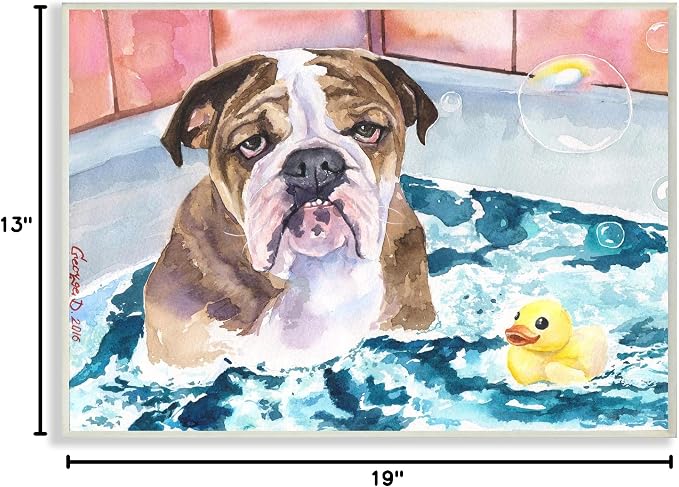 Stupell Industries 'English Bulldog In Bathtub Rubber Duck Bubbles', Wall Plaque Art, 19 x 13 Inches, Easy to Hang and Sturdy, Made in USA, by George Dyachenko