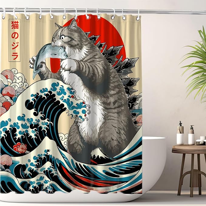 Funny Japanese Cat Shower Curtain, Vintage Cat Eating Fish Japan Art Anime Sunset Wave Waterproof Shower Curtain with Hooks, Animal for Kids Fabric Shower Curtains Bathroom Decor 72X72inches