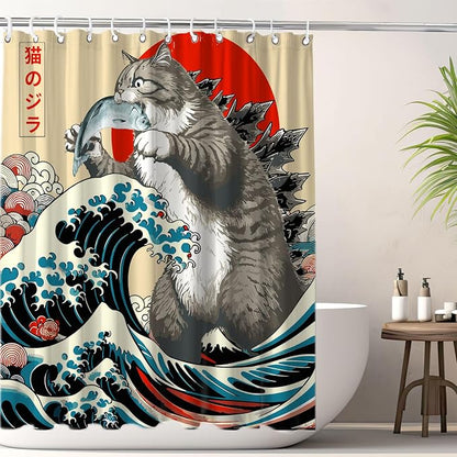 Funny Japanese Cat Shower Curtain, Vintage Cat Eating Fish Japan Art Anime Sunset Wave Waterproof Shower Curtain with Hooks, Animal for Kids Fabric Shower Curtains Bathroom Decor 72X72inches
