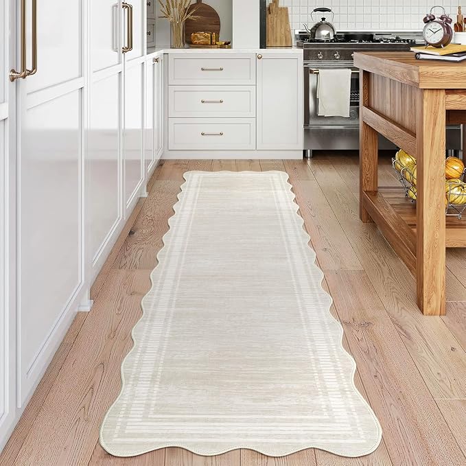 Garvee Washable 2x6 Runner Rugs for Hallway Kitchen Bathroom Rug Beige | Scalloped Non Slip Low Pile Solid Runner Rugs for Bedroom Entryway, Nursery Rugs Runner