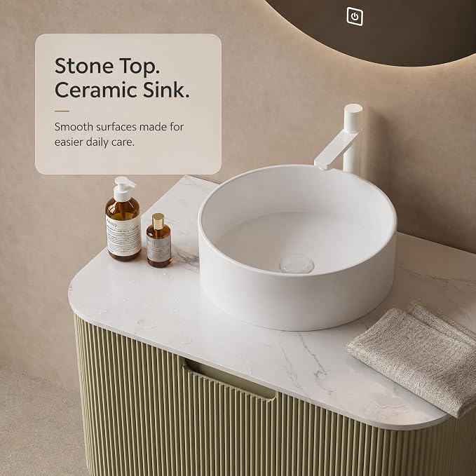 30 Inch Bathroom Vanity with Sink, Floating Wall Mounted Single Sink Vanity, Sage Green Curved Fluted Front, Stone Top, Pure White Round Vessel Basin, Pre-Assembled