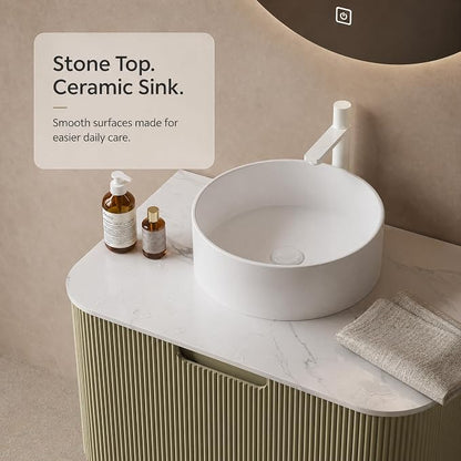 30 Inch Bathroom Vanity with Sink, Floating Wall Mounted Single Sink Vanity, Sage Green Curved Fluted Front, Stone Top, Pure White Round Vessel Basin, Pre-Assembled