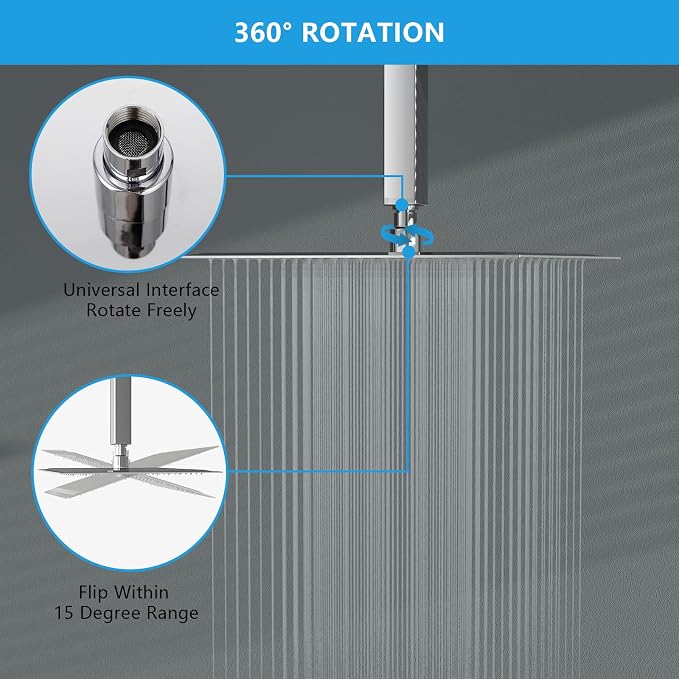 Lordear Rain Shower Heads High Pressure, Rainfall Showerhead for Bathroom Fixed Mount, 10 Inch Large Square High Flow Shower Head (Chrome)