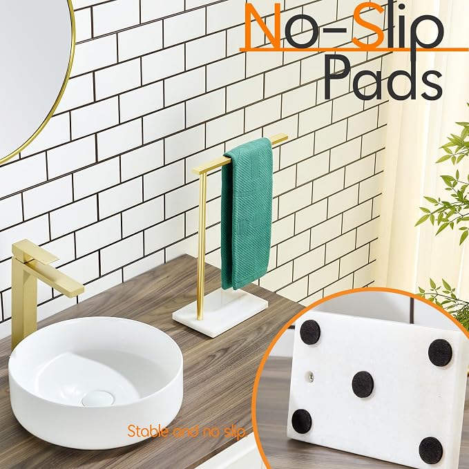 Hand Towel Bar for Bathroom Vanity Countertop 1-Tier Towel Holder Free Stand with Heavy Marble Base Thicken Steady, Gold Stainless Steel AN7002GD