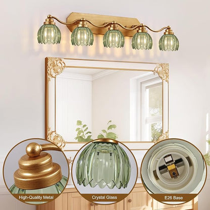 Gold Vanity Light, Vintage Tulip Green Glass Shade, Antique Brass Finish | 5 Light Brushed Gold Bathroom Light Fixtures, Crystal Wall Sconce, Mounted Over Mirror for Bedroom Hallway, Easy to Install